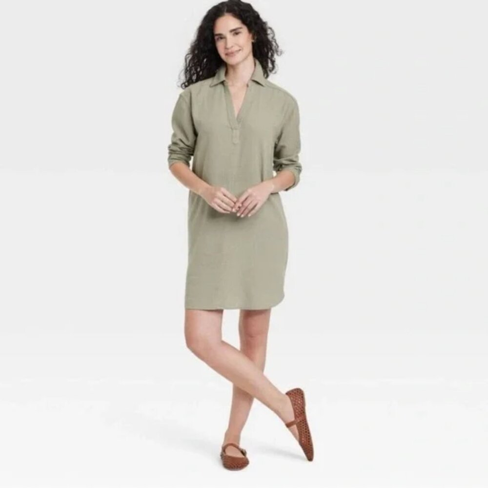 Universal Thread Women's Small Olive Green Long Sleeve Popover Mini Shirtdress